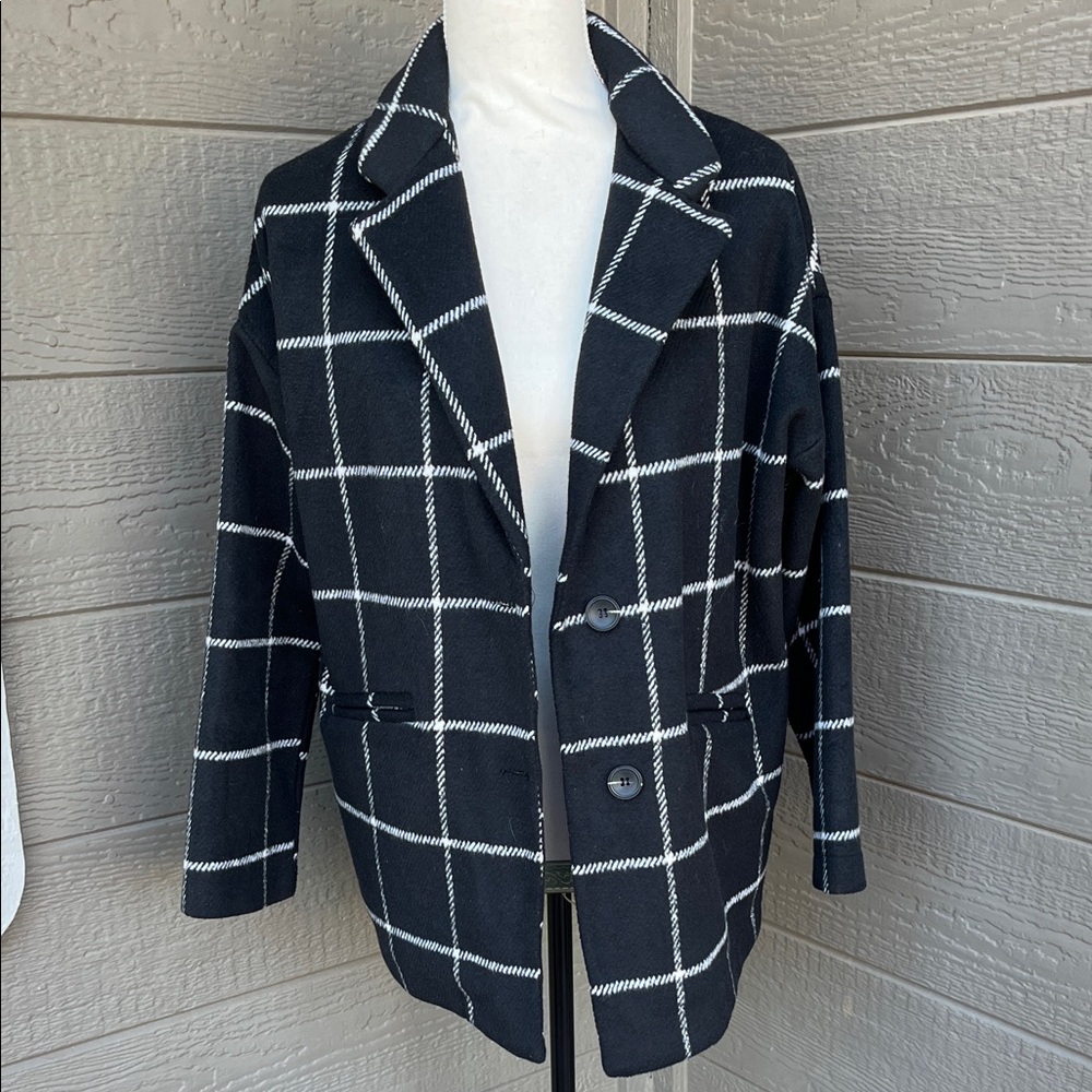 Elegant Black and White Checkered Women's Pea Coat
